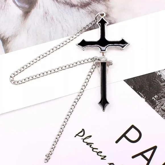 Black Goth Cross Chain Earrings - Picture 2 of 4